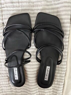 Black Strappy Square-Toe Slide Sandals